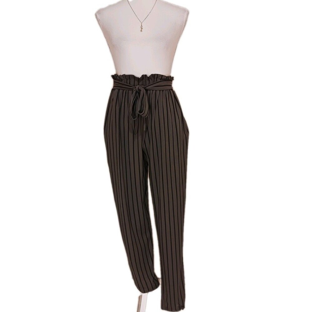 Shosho Elastic Waist With Tie Women's Long Pants Brown With Black Stripes. XL